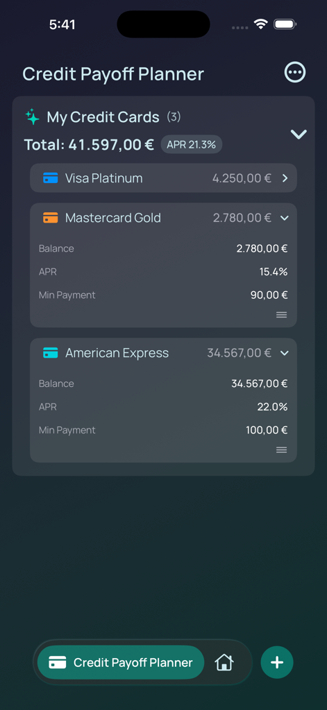 Credit card summary screen showing balances and interest rates in the Debt Payoff Planner app