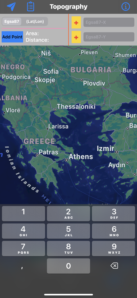 Topography Lite - Topography Lite app screen showing map navigation and coordinate entry fields