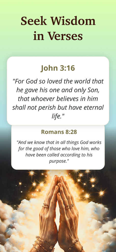 Bible Path: Prayers & Widgets - 聖書パスアプリのインターフェイス。感動的な聖句と祈る手のイラストが表示されています。