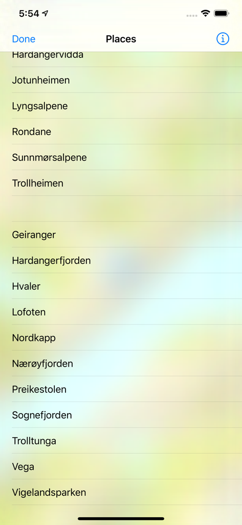 A mobile app screen showing a list of famous Norwegian destinations like Lofoten, Trolltunga, and Geiranger for offline navigation.