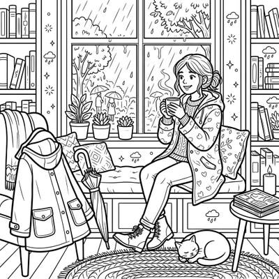 Curl up and unwind with this enchanting coloring page, perfectly capturing the essence of 'Weekend Vibes' on a rainy day. This delightful scene features a young woman enjoying a warm drink by the window, accompanied by a sleeping cat and cozy raincoats.