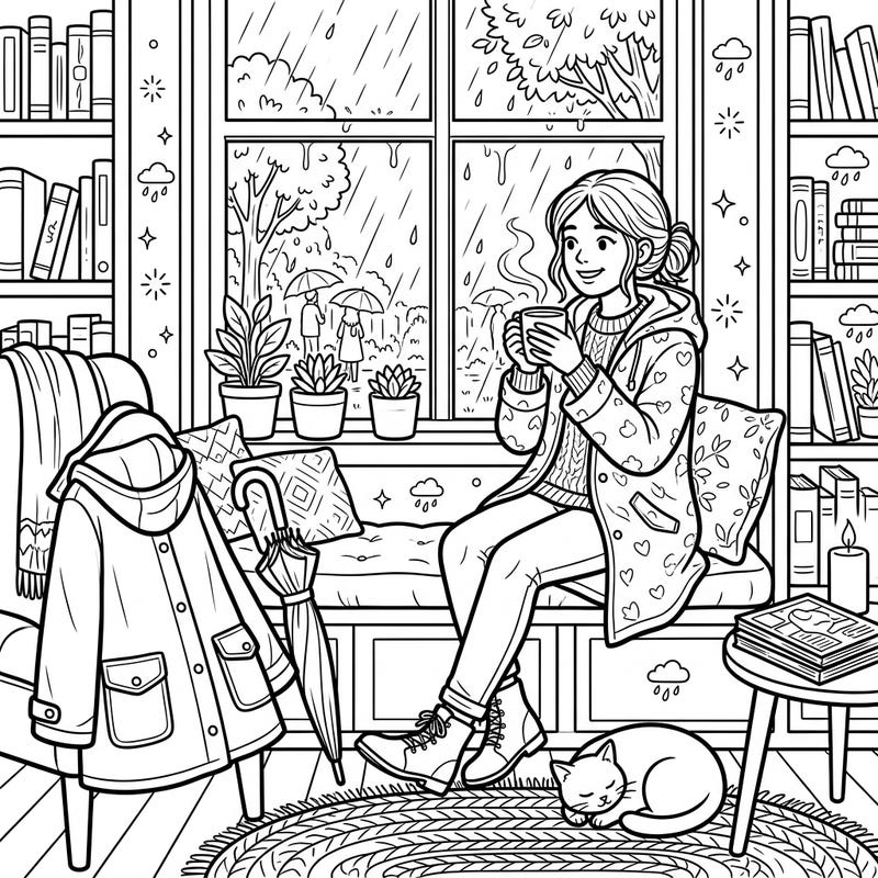 Curl up and unwind with this enchanting coloring page, perfectly capturing the essence of 'Weekend Vibes' on a rainy day. This delightful scene features a young woman enjoying a warm drink by the window, accompanied by a sleeping cat and cozy raincoats.