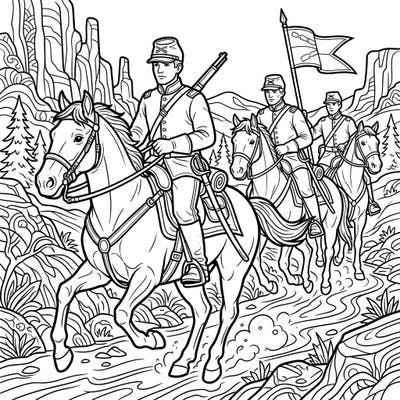 Unleash your creativity with this dynamic coloring page featuring U.S. Army Cavalry Soldiers on a frontier expedition. Perfect for teens, this intricate design brings history to life with every stroke of your pencil.
