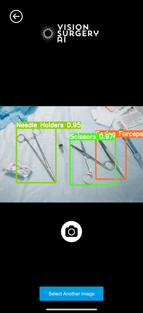 VSAI Detection app interface showing AI identification of surgical instruments with confidence scores