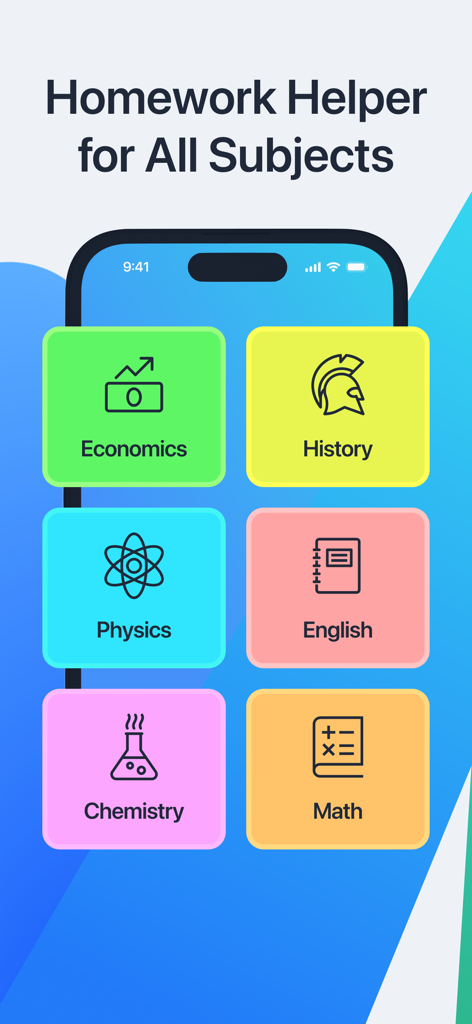 Whiz: Homework, Math AI Helper - Whiz app interface displaying multiple school subjects for homework assistance like Math Physics and History