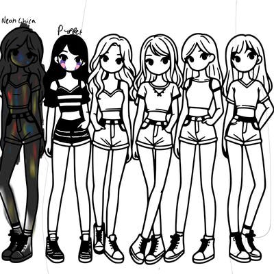 a group of girls wearing crop tops and shorts