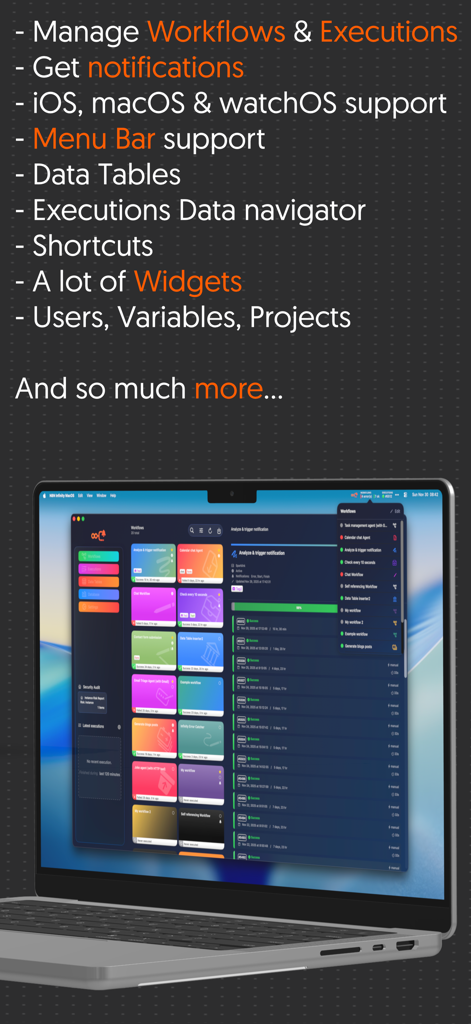 Infinity Workflows - A laptop screen displaying the Infinity Workflows dashboard with a list of features including workflow management, notifications, and macOS support
