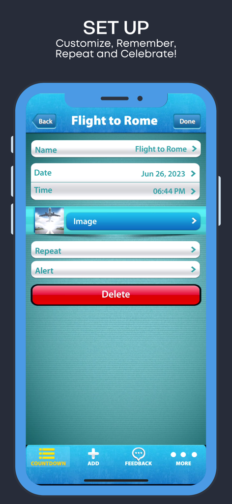 Holiday and Vacation Countdown - Mobile app interface showing the setup for a flight to Rome vacation countdown including date and time settings
