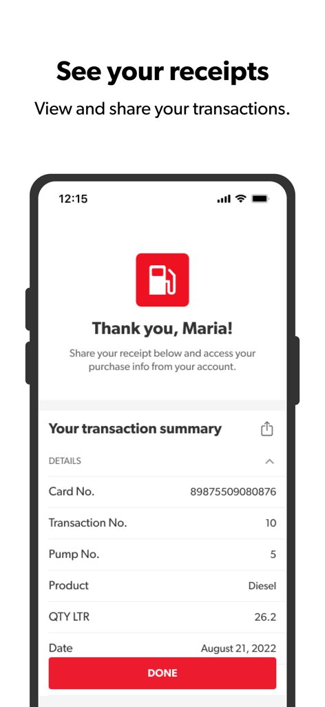 Ein digitaler Beleg für eine Dieseltransaktion innerhalb der Petro-Pass App, der Menge und Datum anzeigt