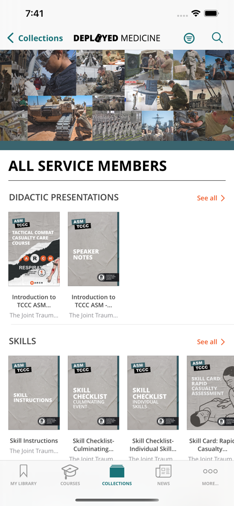 Deployed Medicine app interface displaying TCCC training modules and medical skill checklists for military service members.
