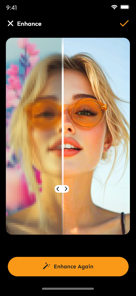 AI Face Swap - New Look - Split screen view showing a blurry pixelated portrait on the left and a sharp high-resolution version on the right using AI enhancement.