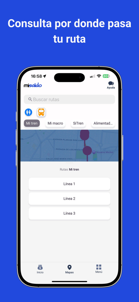 Mi Saldo - Mi Saldo app screen showing a map and list of transport lines in Guadalajara