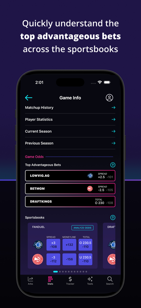 True Game Stats - True Game Stats app screen displaying top advantageous sports bets across multiple platforms