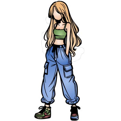 girl in baggy pants crop top and long hair