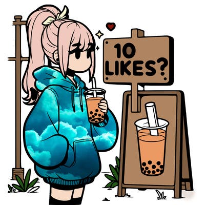 girl with oversized hoodie drinking boba and she has a high ponytail with a sign that says 10likes?