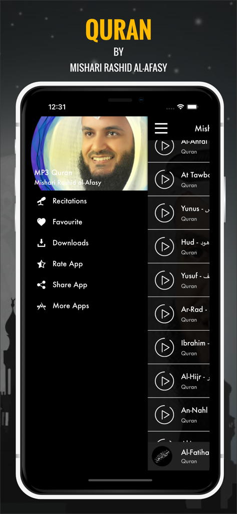 User interface of the Quran MP3 app featuring audio recitations by Mishari Rashid Al-Afasy
