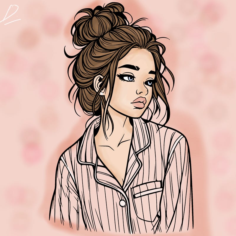 realistic woman with pajamas on and a messy bun