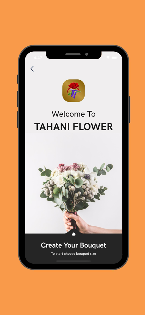 Tahani Flowers - زهور التهاني - Welcome screen of the Tahani Flowers mobile app featuring a bouquet and an option to create a custom bouquet