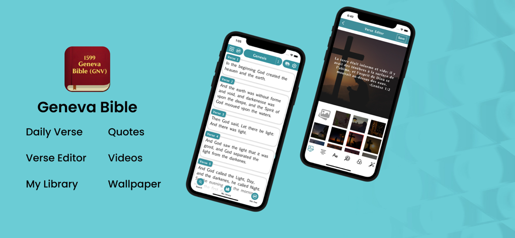 The 1599 Geneva Bible GNV app interface showing the reading screen and verse editor features.