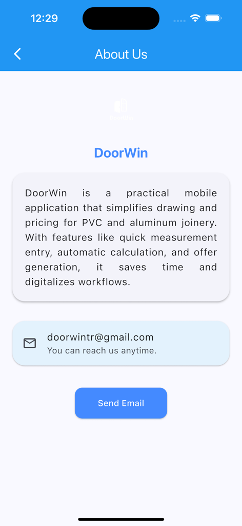 DoorWin PVC uPVC Aluminium - Pantalla Acerca de nosotros de la aplicación DoorWin con información de contacto y descripción de la aplicación