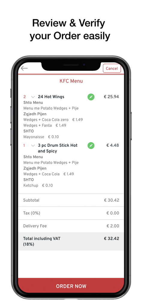 KFC Kosova - KFC Kosovaモバイルアプリの注文確認画面。食品アイテム、合計金額、今すぐ注文ボタンが表示されています。