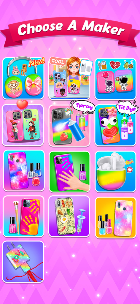 Phone Case DIY - Art Designer - A menu screen titled Choose A Maker showing various customization options for phone cases headphones and chargers including spray paint and tie dye