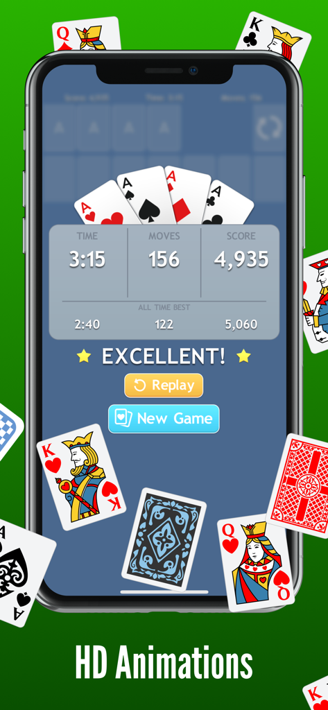 Una pantalla de móvil que muestra una partida de Solitario completada con una calificación Excelente y estadísticas de tiempo, movimientos y puntuación.