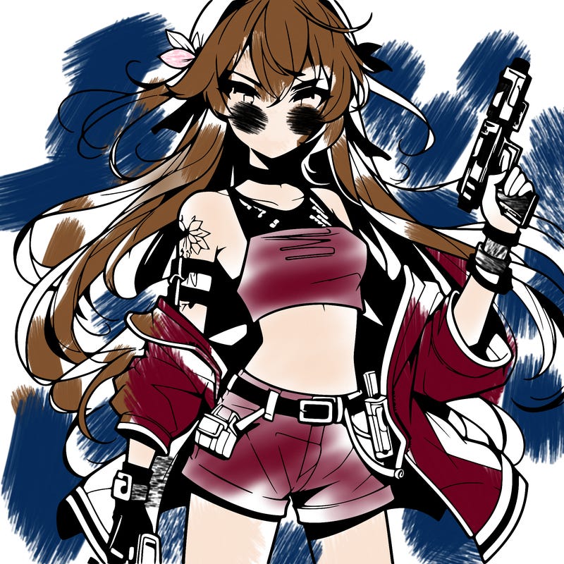 bad girl wearing crop top holding a gun long hair anime