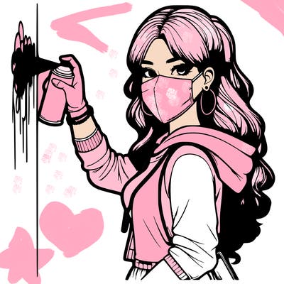 realistic girl with mask spray painting a wall