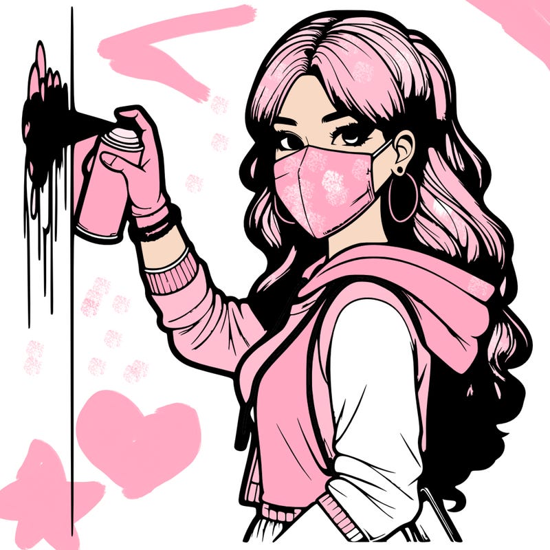 realistic girl with mask spray painting a wall