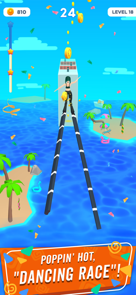 Dancing Race - A character walking on extremely tall high heels across a tropical ocean runway in the Dancing Race mobile game