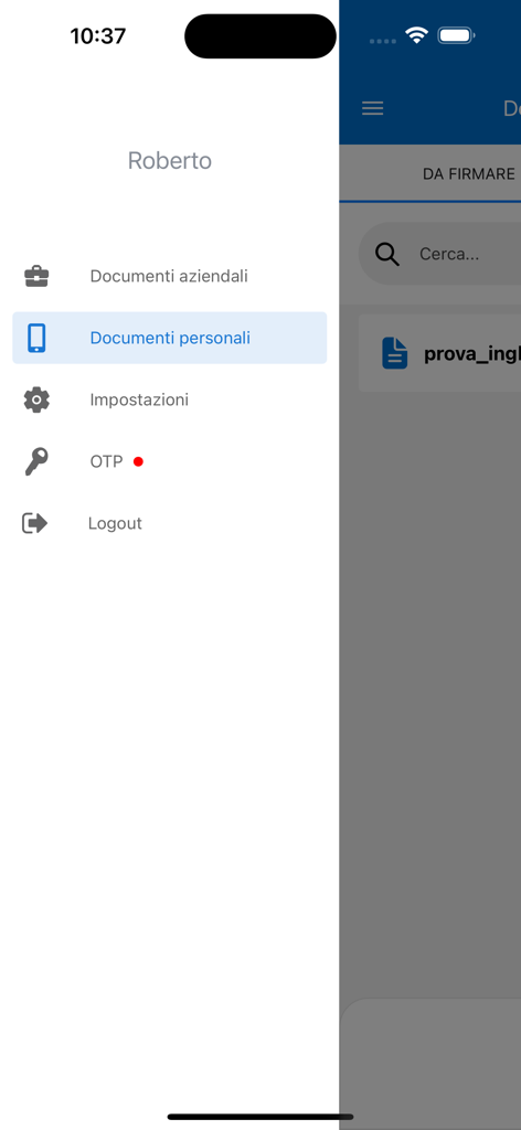 eSign - Menu de navigation latéral de l'application mobile eSign montrant les options pour les documents d'entreprise et personnels