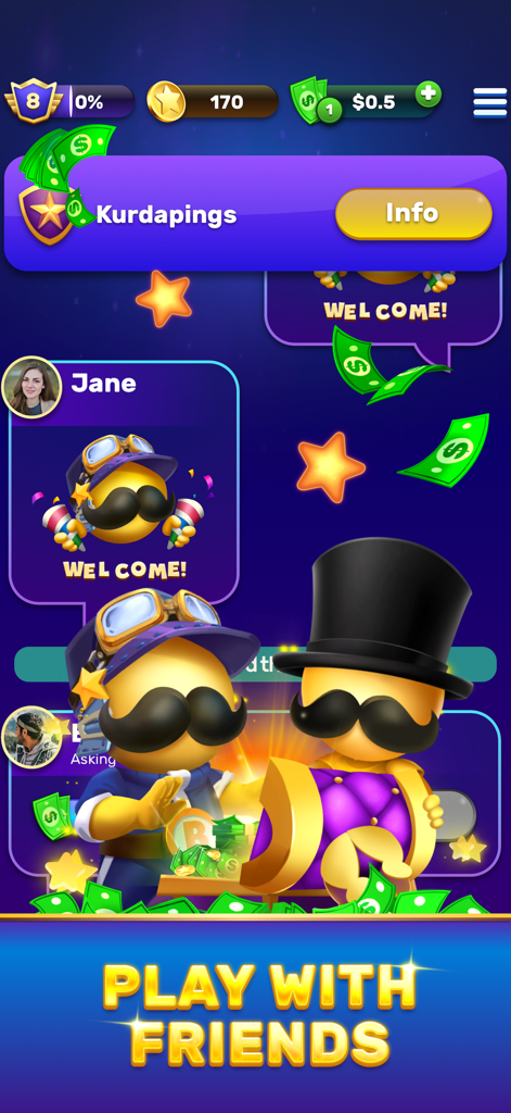 Bingo Stars app interface showing the Play With Friends feature with animated characters and avatars