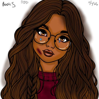girl with long hair and freckles and glasses realistic
