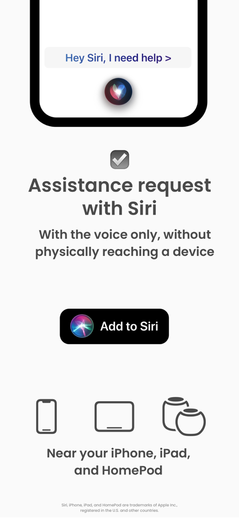 Dooinwell – Daily Check-in - Screenshot showing the Siri voice command integration for hands-free assistance requests in the Dooinwell app.
