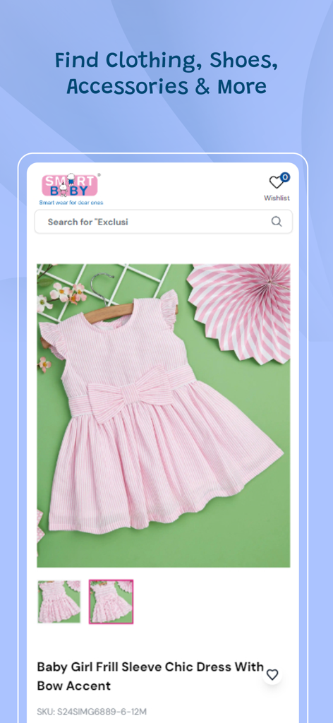Une robe pour bébé fille rose et blanche à rayures avec un accent de nœud présentée sur l'application d'achat SmartBabyUAE
