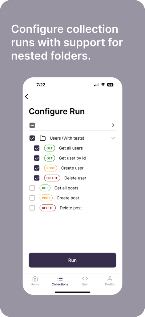 Interfaz de la aplicación Cosmo para configurar y ejecutar colecciones de API de Postman con soporte para carpetas anidadas en dispositivos móviles.