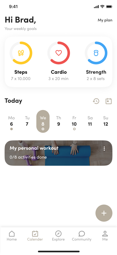 Studio Pura Vida - Home screen of Studio Pura Vida app displaying weekly fitness goals and daily workout progress.
