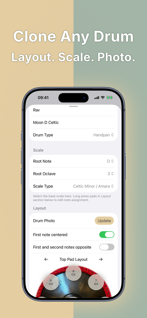 DrumFlow - DrumFlow app screen showing customization options for handpan scale layout and instrument photo