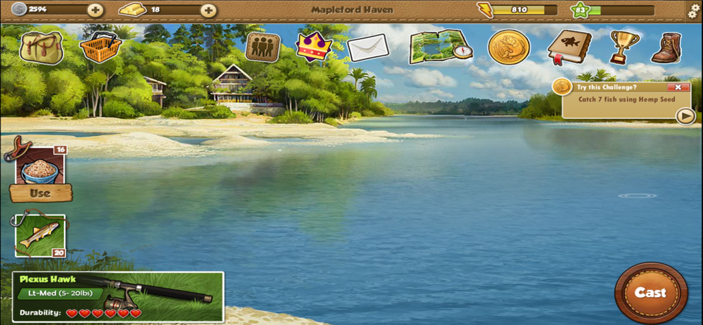 Fishing World - Juego móvil Fishing World que muestra una pintoresca ubicación de río con equipo de pesca e interfaz de usuario.