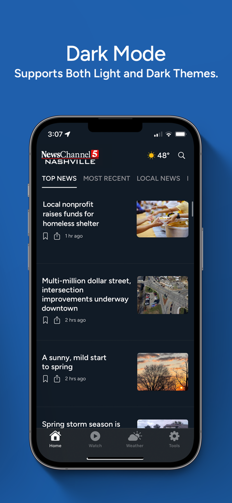 Smartphone screen displaying the News Channel 5 Nashville app in dark mode