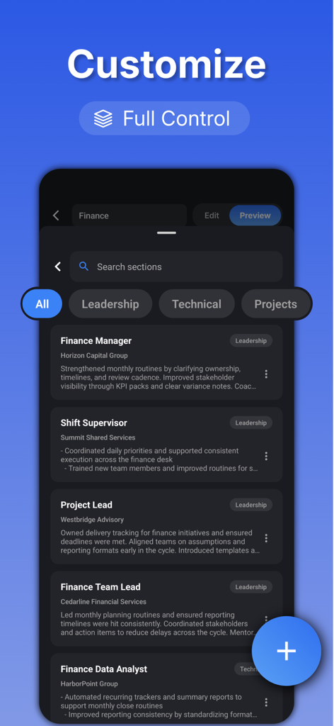 Interface of the Resume Builder app showing a list of professional experience sections to edit and reorder.