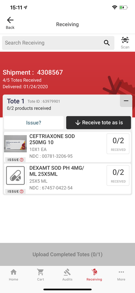 Order Express mobile interface showing pharmacy shipment receiving status with tote details and product list for medication inventory management.