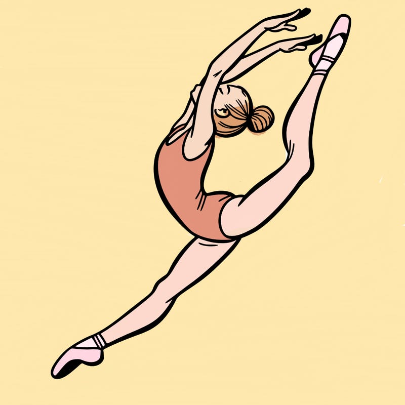 gymnast doing a leap in a leotard with a bent back leg