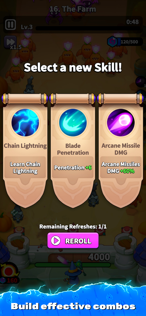 Archmagic Survivors TD - Skill selection menu in Archmagic Survivors TD showing Chain Lightning and Arcane Missile upgrades