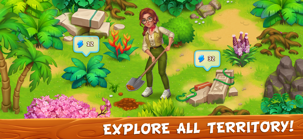 Character digging and exploring a tropical jungle in Lost Island Family Farm Game