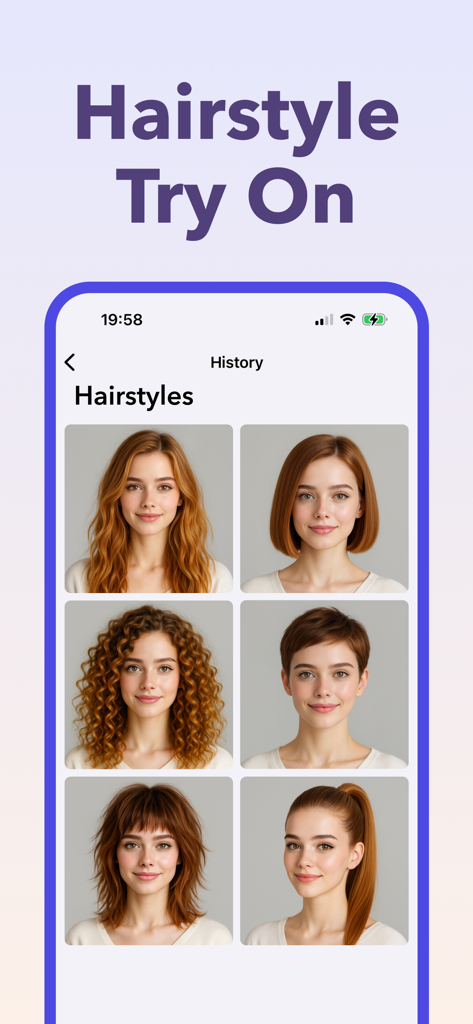 A grid of six different AI generated hairstyles and colors on a woman face within the HairPop app history screen