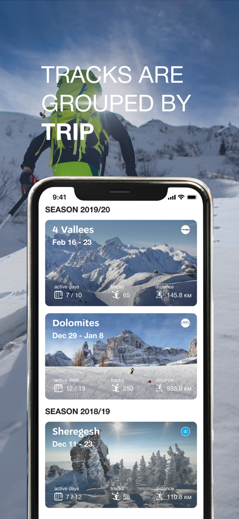 Skill: Ski, MTB, Hike Tracker - Skill app interface showing ski and snowboard tracks grouped by season and mountain trip