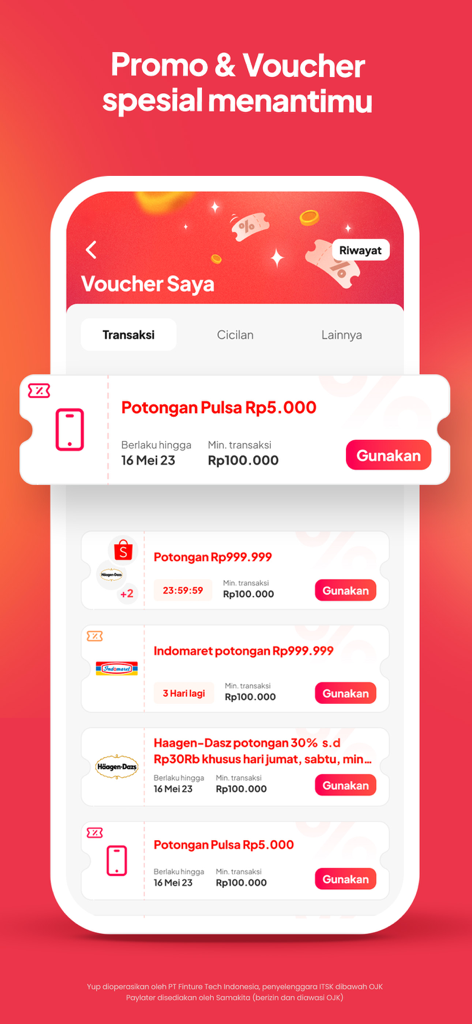 YUP - Kredit Belanja Bunga 0%* - A mobile screen from the YUP app showing a list of available discount vouchers and promotional offers for various merchants.