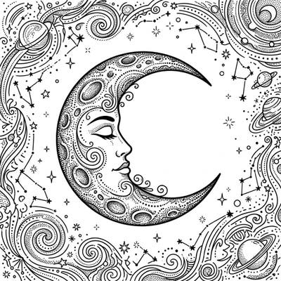 Unleash your creativity with this mesmerizing dot work moon coloring page, perfect for teens who love celestial art. Dive into a detailed universe filled with stars, planets, and intricate patterns.